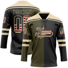 Laden Sie das Bild in den Galerie-Viewer, Uksn Individuelles Schwarz Vintage USA-Flagge Oliv-Creme Split-Fashion Eishockey-Trikot mit Schnürkragen
