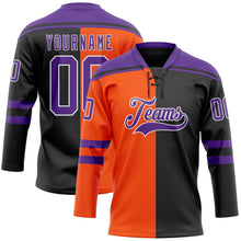 Laden Sie das Bild in den Galerie-Viewer, Uksn Individuelles Schwarz Violett Orange-Weiß Split-Fashion Eishockey-Trikot mit Schnürkragen
