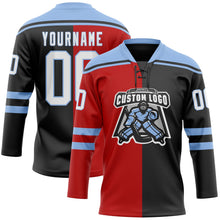 Laden Sie das Bild in den Galerie-Viewer, Uksn Individuelles Schwarz Weiß Rot-Hellblau Split-Fashion Eishockey-Trikot mit Schnürkragen
