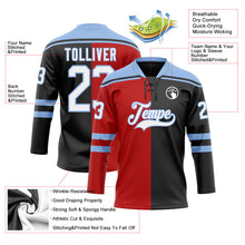 Laden Sie das Bild in den Galerie-Viewer, Uksn Individuelles Schwarz Weiß Rot-Hellblau Split-Fashion Eishockey-Trikot mit Schnürkragen
