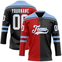 Laden Sie das Bild in den Galerie-Viewer, Uksn Individuelles Schwarz Weiß Rot-Hellblau Split-Fashion Eishockey-Trikot mit Schnürkragen
