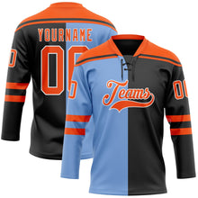 Laden Sie das Bild in den Galerie-Viewer, Uksn Individuelles Schwarz Orange Puderblau-Weiß Split-Fashion Eishockey-Trikot mit Schnürkragen
