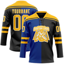Laden Sie das Bild in den Galerie-Viewer, Uksn Individuelles Schwarz Gold Royalblau-Weiß Split-Fashion Eishockey-Trikot mit Schnürkragen
