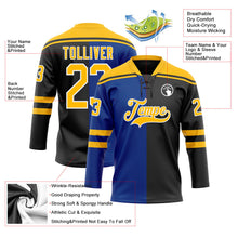 Laden Sie das Bild in den Galerie-Viewer, Uksn Individuelles Schwarz Gold Royalblau-Weiß Split-Fashion Eishockey-Trikot mit Schnürkragen
