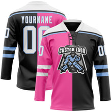 Laden Sie das Bild in den Galerie-Viewer, Uksn Individuelles Schwarz Weiß Pink-Hellblau Split-Fashion Eishockey-Trikot mit Schnürkragen

