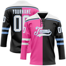 Laden Sie das Bild in den Galerie-Viewer, Uksn Individuelles Schwarz Weiß Pink-Hellblau Split-Fashion Eishockey-Trikot mit Schnürkragen
