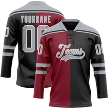 Laden Sie das Bild in den Galerie-Viewer, Uksn Individuelles Schwarz Grau Karmesinrot-Weiß Split-Fashion Eishockey-Trikot mit Schnürkragen

