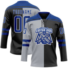 Laden Sie das Bild in den Galerie-Viewer, Uksn Individuelles Schwarz Royalblau Grau-Weiß Split-Fashion Eishockey-Trikot mit Schnürkragen
