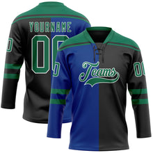 Laden Sie das Bild in den Galerie-Viewer, Uksn Individuelles Schwarz Kelly-Grün Royalblau-Weiß Split-Fashion Eishockey-Trikot mit Schnürkragen
