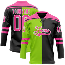 Laden Sie das Bild in den Galerie-Viewer, Uksn Individuelles Schwarz Pink Neongrün-Weiß Split-Fashion Eishockey-Trikot mit Schnürkragen
