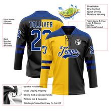 Laden Sie das Bild in den Galerie-Viewer, Uksn Individuelles Schwarz Royalblau Gelb-Weiß Split-Fashion Eishockey-Trikot mit Schnürkragen
