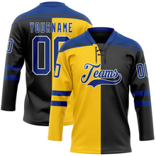 Laden Sie das Bild in den Galerie-Viewer, Uksn Individuelles Schwarz Royalblau Gelb-Weiß Split-Fashion Eishockey-Trikot mit Schnürkragen
