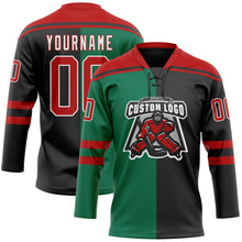 Laden Sie das Bild in den Galerie-Viewer, Uksn Individuelles Schwarz Rot Kelly-Grün-Weiß Split-Fashion Eishockey-Trikot mit Schnürkragen
