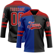 Laden Sie das Bild in den Galerie-Viewer, Uksn Individuelles Schwarz Rot Royalblau-Weiß Split-Fashion Eishockey-Trikot mit Schnürkragen
