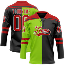 Laden Sie das Bild in den Galerie-Viewer, Uksn Individuelles Schwarz Rot Neongrün-Weiß Split-Fashion Eishockey-Trikot mit Schnürkragen
