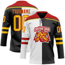 Laden Sie das Bild in den Galerie-Viewer, Uksn Individuelles Schwarz Gelb Weiß-Rot Split-Fashion Eishockey-Trikot mit Schnürkragen
