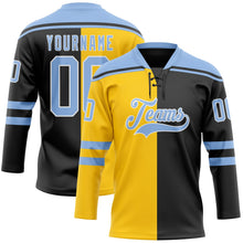 Laden Sie das Bild in den Galerie-Viewer, Uksn Individuelles Schwarz Hellblau Gelb-Weiß Split-Fashion Eishockey-Trikot mit Schnürkragen
