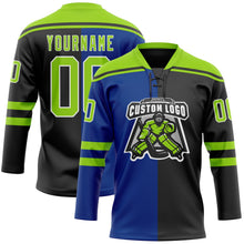 Laden Sie das Bild in den Galerie-Viewer, Uksn Individuelles Schwarz Neongrün Royalblau-Weiß Split-Fashion Eishockey-Trikot mit Schnürkragen
