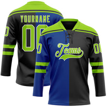 Laden Sie das Bild in den Galerie-Viewer, Uksn Individuelles Schwarz Neongrün Royalblau-Weiß Split-Fashion Eishockey-Trikot mit Schnürkragen
