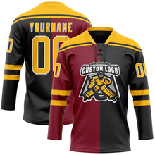 Laden Sie das Bild in den Galerie-Viewer, Uksn Individuelles Schwarz Gold Karmesinrot-Weiß Split-Fashion Eishockey-Trikot mit Schnürkragen
