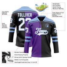 Laden Sie das Bild in den Galerie-Viewer, Uksn Individuelles Schwarz Weiß Violett-Hellblau Split-Fashion Eishockey-Trikot mit Schnürkragen
