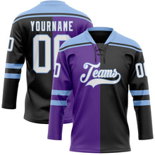Laden Sie das Bild in den Galerie-Viewer, Uksn Individuelles Schwarz Weiß Violett-Hellblau Split-Fashion Eishockey-Trikot mit Schnürkragen

