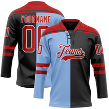 Laden Sie das Bild in den Galerie-Viewer, Uksn Individuelles Schwarz Rot Hellblau-Weiß Split-Fashion Eishockey-Trikot mit Schnürkragen

