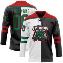 Laden Sie das Bild in den Galerie-Viewer, Uksn Individuelles Schwarz Kelly-Grün Weiß-Rot Split-Fashion Eishockey-Trikot mit Schnürkragen

