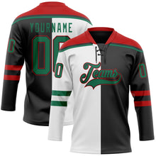 Laden Sie das Bild in den Galerie-Viewer, Uksn Individuelles Schwarz Kelly-Grün Weiß-Rot Split-Fashion Eishockey-Trikot mit Schnürkragen
