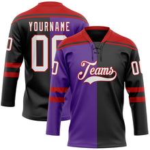 Laden Sie das Bild in den Galerie-Viewer, Uksn Individuelles Schwarz Weiß Violett-Rot Split-Fashion Eishockey-Trikot mit Schnürkragen
