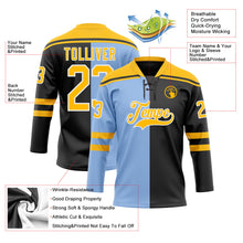Laden Sie das Bild in den Galerie-Viewer, Uksn Individuelles Schwarz Gold Hellblau-Weiß Split-Fashion Eishockey-Trikot mit Schnürkragen
