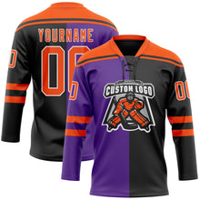 Laden Sie das Bild in den Galerie-Viewer, Uksn Individuelles Schwarz Orange Violett-Weiß Split-Fashion Eishockey-Trikot mit Schnürkragen

