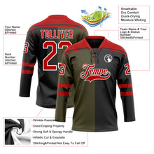 Laden Sie das Bild in den Galerie-Viewer, Uksn Individuelles Schwarz Rot Oliv-Weiß Split-Fashion Eishockey-Trikot mit Schnürkragen
