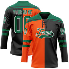 Laden Sie das Bild in den Galerie-Viewer, Uksn Individuelles Schwarz Kelly-Grün Orange-Weiß Split-Fashion Eishockey-Trikot mit Schnürkragen
