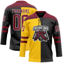 Laden Sie das Bild in den Galerie-Viewer, Uksn Individuelles Schwarz Karmesinrot Gelb-Weiß Split-Fashion Eishockey-Trikot mit Schnürkragen
