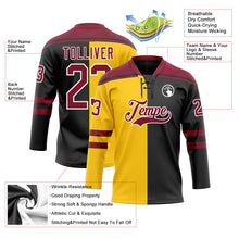 Laden Sie das Bild in den Galerie-Viewer, Uksn Individuelles Schwarz Karmesinrot Gelb-Weiß Split-Fashion Eishockey-Trikot mit Schnürkragen
