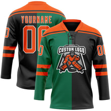 Laden Sie das Bild in den Galerie-Viewer, Uksn Individuelles Schwarz Orange Kelly-Grün-Weiß Split-Fashion Eishockey-Trikot mit Schnürkragen
