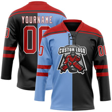 Laden Sie das Bild in den Galerie-Viewer, Uksn Individuelles Schwarz Rot Puderblau-Weiß Split-Fashion Eishockey-Trikot mit Schnürkragen
