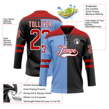Laden Sie das Bild in den Galerie-Viewer, Uksn Individuelles Schwarz Rot Puderblau-Weiß Split-Fashion Eishockey-Trikot mit Schnürkragen
