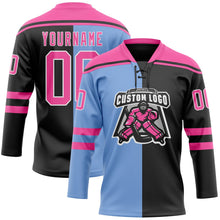 Laden Sie das Bild in den Galerie-Viewer, Uksn Individuelles Schwarz Pink Puderblau-Weiß Split-Fashion Eishockey-Trikot mit Schnürkragen
