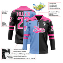 Laden Sie das Bild in den Galerie-Viewer, Uksn Individuelles Schwarz Pink Puderblau-Weiß Split-Fashion Eishockey-Trikot mit Schnürkragen
