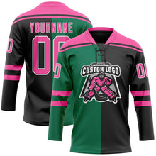 Laden Sie das Bild in den Galerie-Viewer, Uksn Individuelles Schwarz Pink Kelly-Grün-Weiß Split-Fashion Eishockey-Trikot mit Schnürkragen
