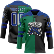 Laden Sie das Bild in den Galerie-Viewer, Uksn Individuelles Schwarz Royalblau Kelly-Grün-Weiß Split-Fashion Eishockey-Trikot mit Schnürkragen
