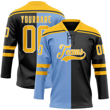 Laden Sie das Bild in den Galerie-Viewer, Uksn Individuelles Schwarz Gold Puderblau-Weiß Split-Fashion Eishockey-Trikot mit Schnürkragen

