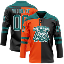 Laden Sie das Bild in den Galerie-Viewer, Uksn Individuelles Schwarz Petrol Orange-Weiß Split-Fashion Eishockey-Trikot mit Schnürkragen
