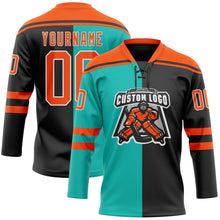 Laden Sie das Bild in den Galerie-Viewer, Uksn Individuelles Schwarz Orange Aqua-Weiß Split-Fashion Eishockey-Trikot mit Schnürkragen
