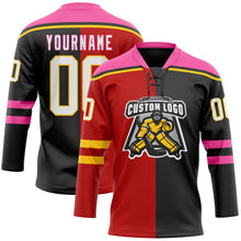 Laden Sie das Bild in den Galerie-Viewer, Uksn Individuelles Schwarz Weiß Rot Pink-Gelb Split-Fashion Eishockey-Trikot mit Schnürkragen
