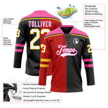 Laden Sie das Bild in den Galerie-Viewer, Uksn Individuelles Schwarz Weiß Rot Pink-Gelb Split-Fashion Eishockey-Trikot mit Schnürkragen
