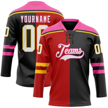 Laden Sie das Bild in den Galerie-Viewer, Uksn Individuelles Schwarz Weiß Rot Pink-Gelb Split-Fashion Eishockey-Trikot mit Schnürkragen
