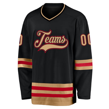 Uksn Individuelles Schwarz Altgold-Rot Eishockey-Trikot